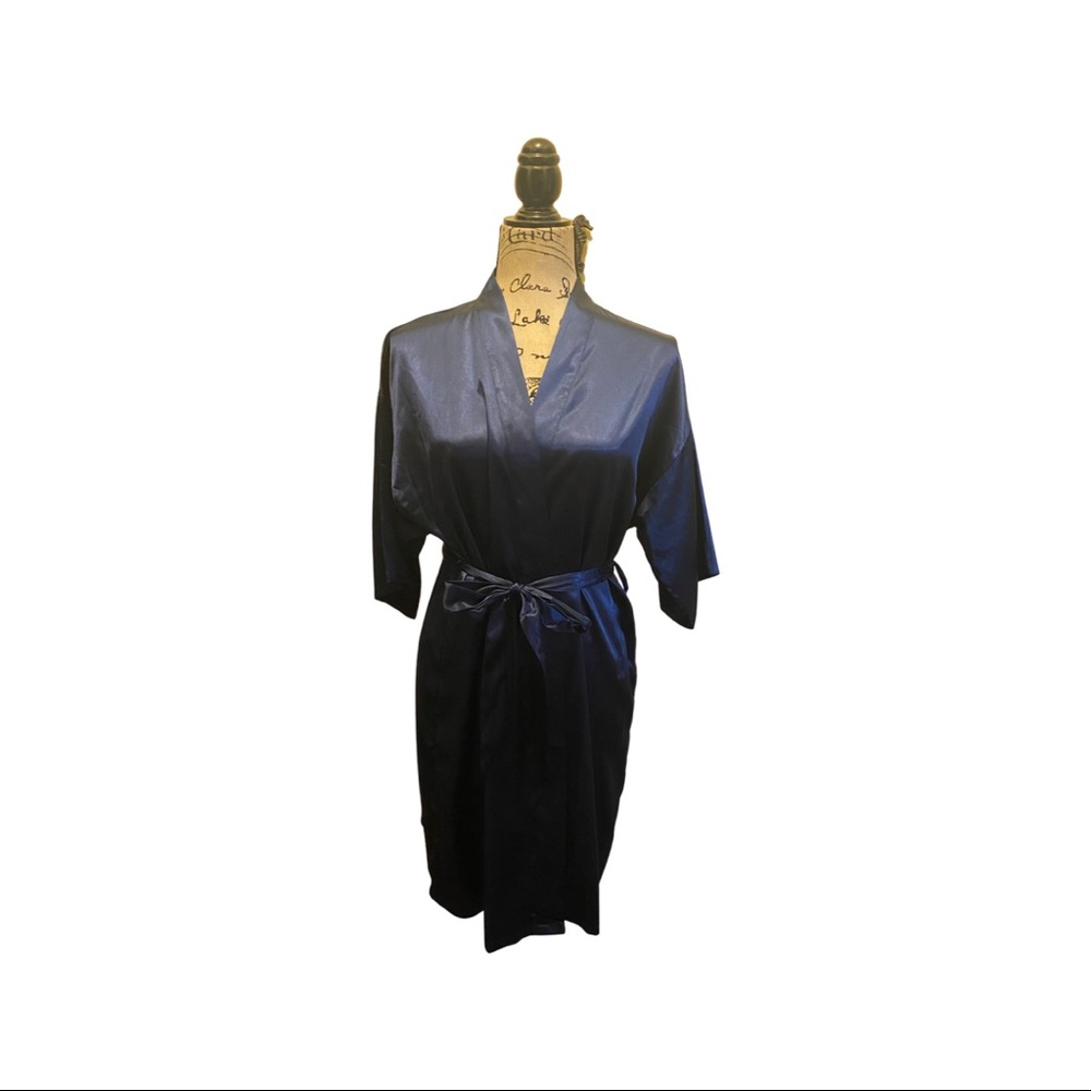 Navy blue silky robe with tie